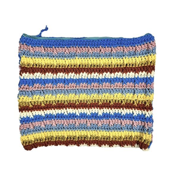 Vintage Handbags - Vintage 70s Stripe Crochet Clutch Purse Makeup Bag Handmade Multicolor Retro